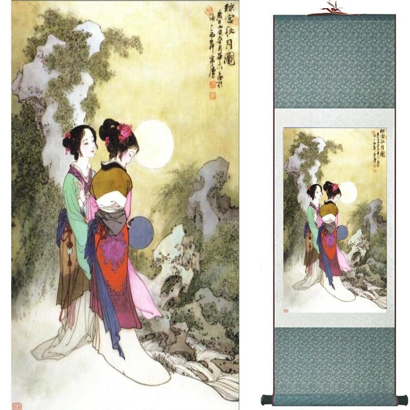 Chinese Art Scroll Painting Pretty Girl Figure Ancient Silk Picture Wall Ideas 19134-Chinese Style Finds™