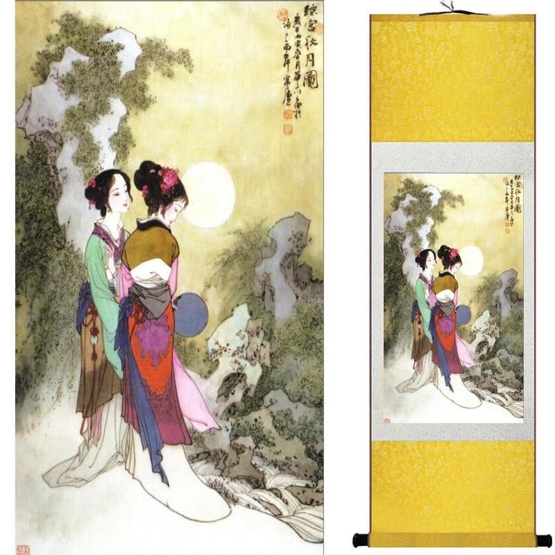 Chinese Art Scroll Painting Pretty Girl Figure Ancient Silk Picture Wall Ideas 19134-Chinese Style Finds™