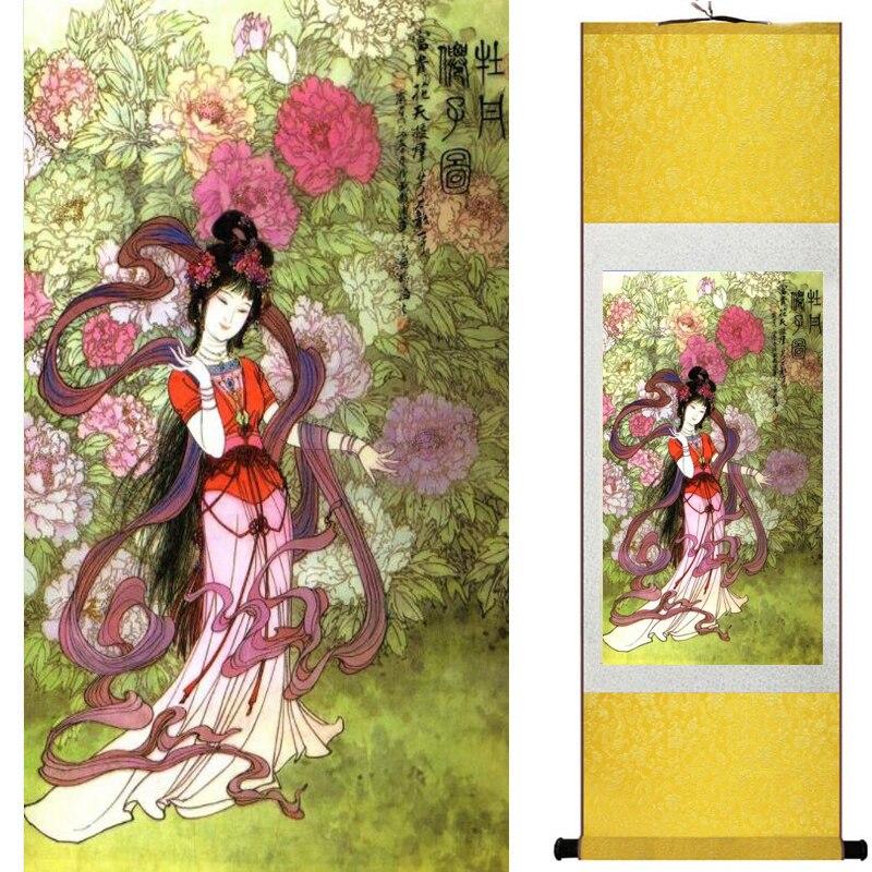 Chinese Art Scroll Painting Pretty Girl Figure Ancient Silk Picture Wall Ideas 19142-Chinese Style Finds™