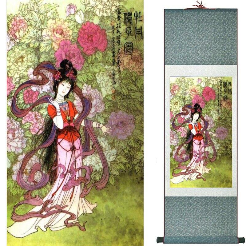 Chinese Art Scroll Painting Pretty Girl Figure Ancient Silk Picture Wall Ideas 19142-Chinese Style Finds™