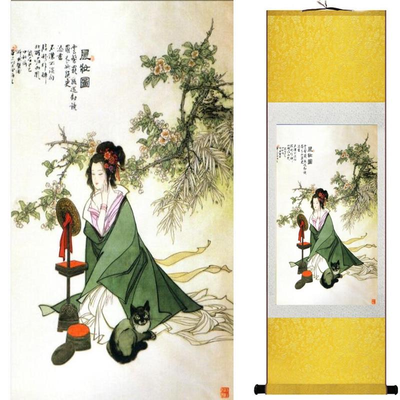 Chinese Art Scroll Painting Pretty Girl Figure Ancient Silk Picture Wall Ideas 19146-Chinese Style Finds™