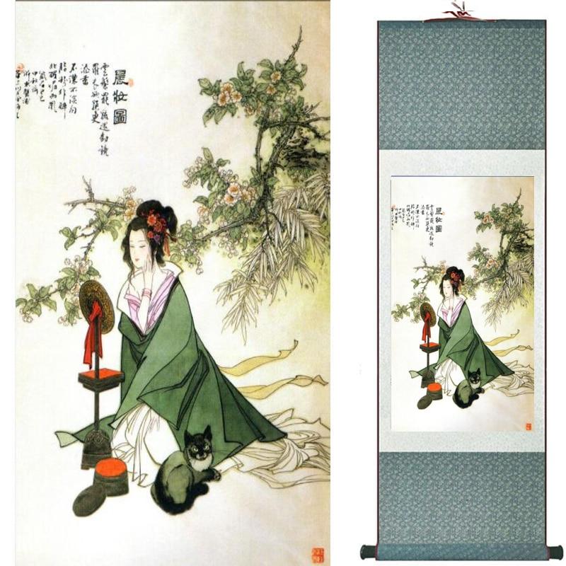 Chinese Art Scroll Painting Pretty Girl Figure Ancient Silk Picture Wall Ideas 19146-Chinese Style Finds™