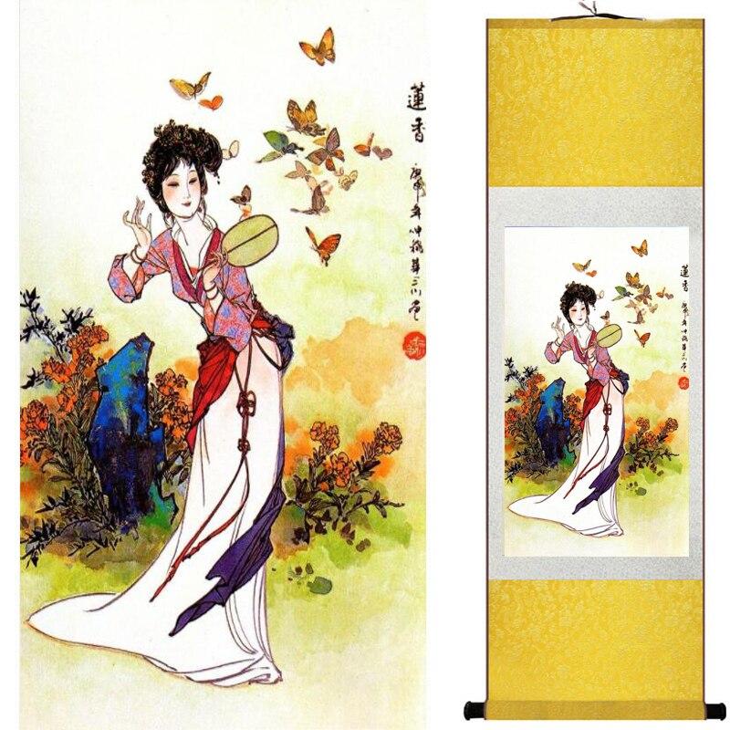 Chinese Art Scroll Painting Pretty Girl Figure Ancient Silk Picture Wall Ideas 19154-Chinese Style Finds™