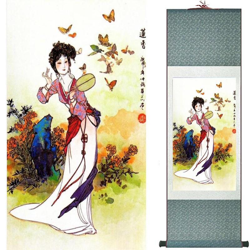 Chinese Art Scroll Painting Pretty Girl Figure Ancient Silk Picture Wall Ideas 19154-Chinese Style Finds™