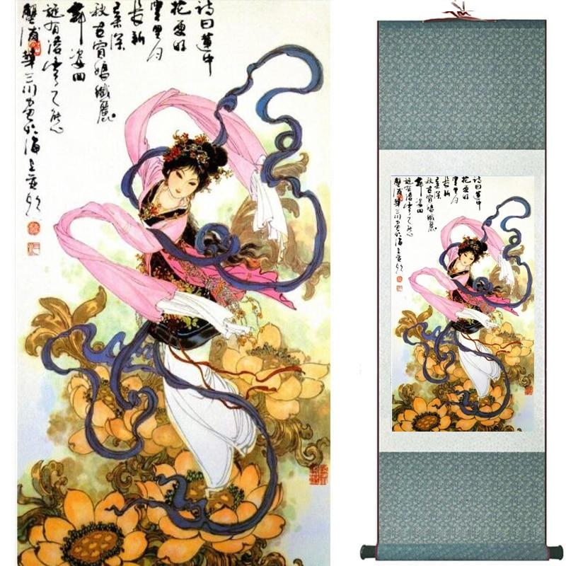 Chinese Art Scroll Painting Pretty Girl Figure Ancient Silk Picture Wall Ideas 19162-Chinese Style Finds™