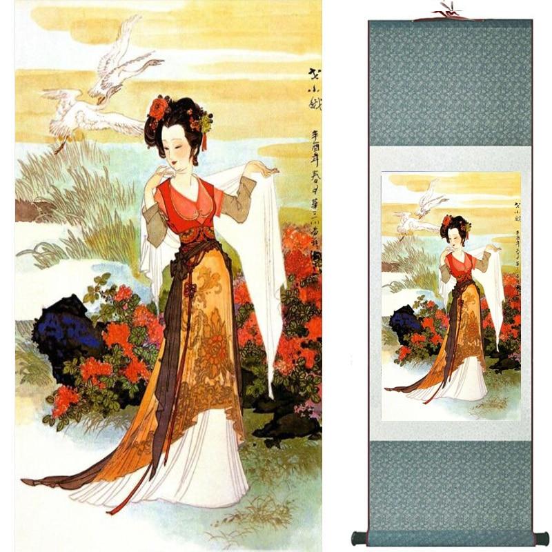 Chinese Art Scroll Painting Pretty Girl Figure Ancient Silk Picture Wall Ideas 19174-Chinese Style Finds™