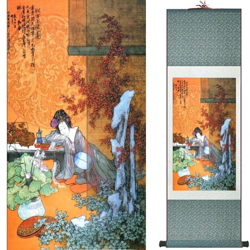 Chinese Art Scroll Painting Pretty Girl Figure Ancient Silk Picture Wall Ideas 19182-Chinese Style Finds™