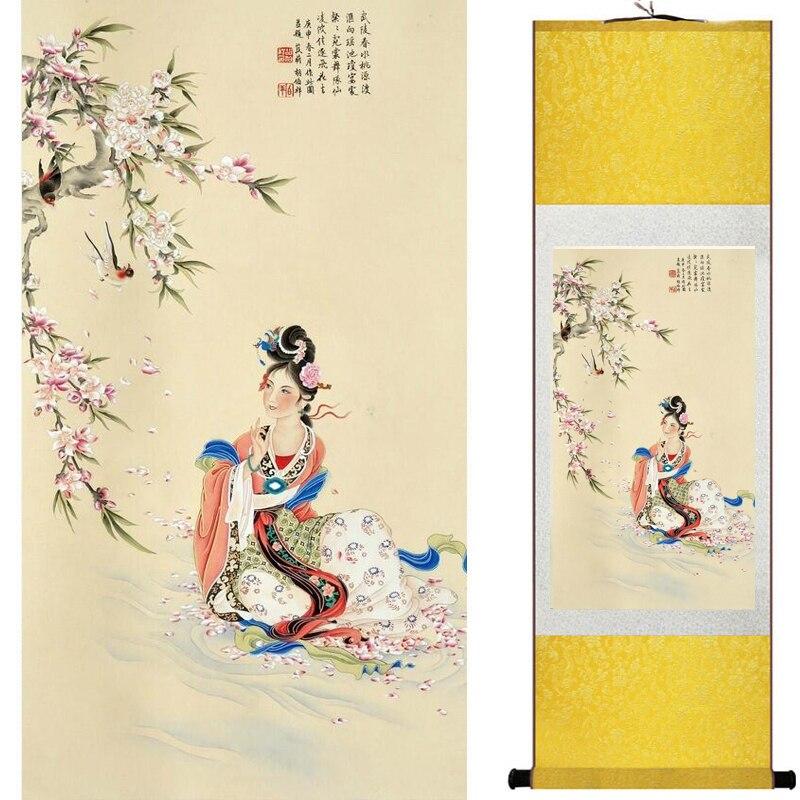 Chinese Art Scroll Painting Pretty Girl Figure Ancient Silk Picture Wall Ideas 20198-Chinese Style Finds™