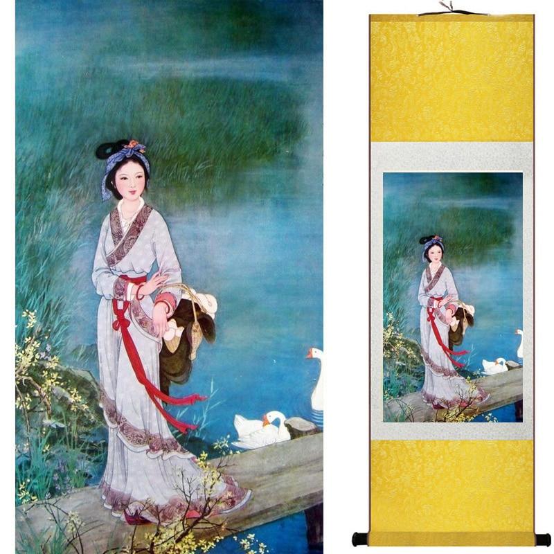 Chinese Art Scroll Painting Pretty Girl Figure Ancient Silk Picture Wall Ideas 20206-Chinese Style Finds™