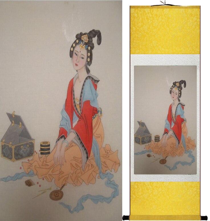 Chinese Art Scroll Painting Pretty Girl Woman Ancient Silk Picture Wall Ideas 12098-Chinese Style Finds™