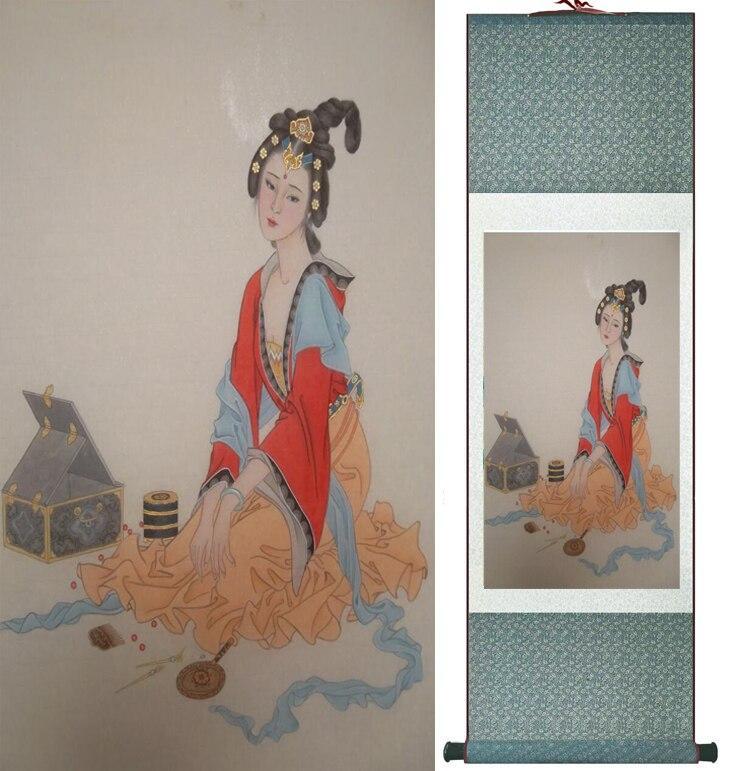 Chinese Art Scroll Painting Pretty Girl Woman Ancient Silk Picture Wall Ideas 12098-Chinese Style Finds™