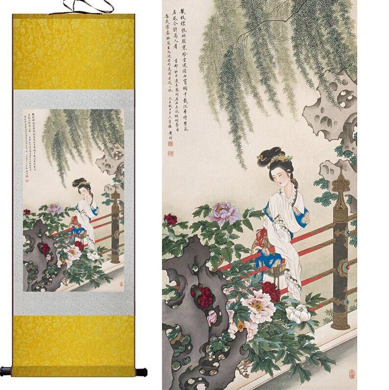 Chinese Art Scroll Painting Pretty Girl Woman Ancient Silk Picture Wall Ideas 12418-Chinese Style Finds™