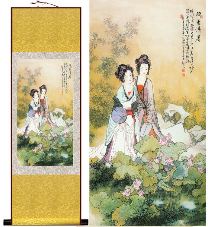 Chinese Art Scroll Painting Pretty Girls Beautiful Women Ancient Silk Picture Wall Ideas 12542-Chinese Style Finds™