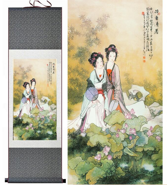 Chinese Art Scroll Painting Pretty Girls Beautiful Women Ancient Silk Picture Wall Ideas 12542-Chinese Style Finds™