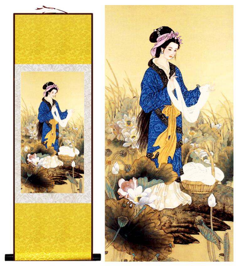 Chinese Art Scroll Painting Pretty Girls Beautiful Women Ancient Silk Picture Wall Ideas 12858-Chinese Style Finds™