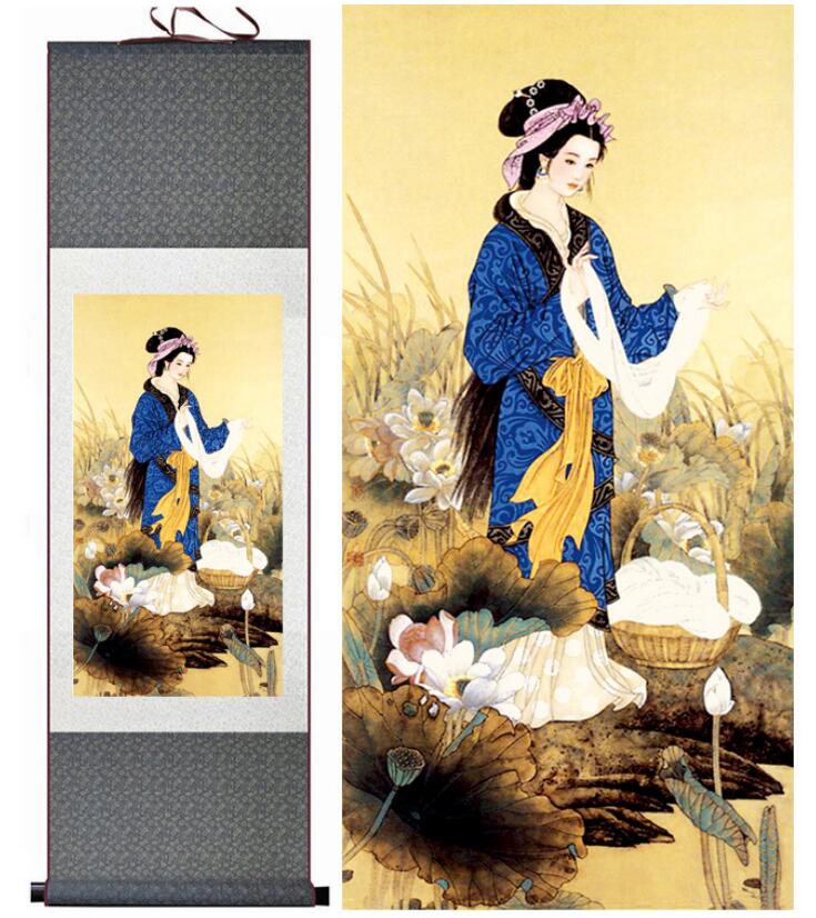 Chinese Art Scroll Painting Pretty Girls Beautiful Women Ancient Silk Picture Wall Ideas 12858-Chinese Style Finds™