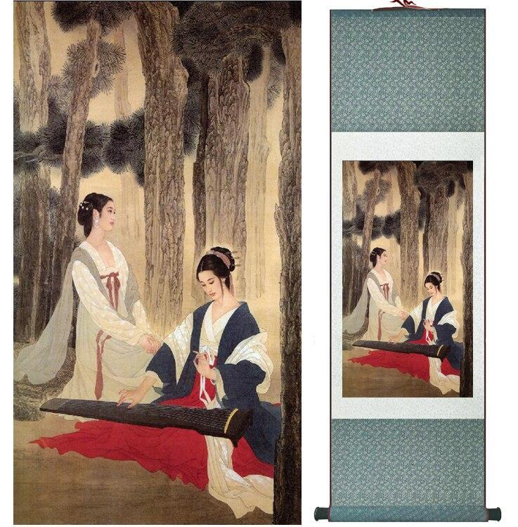 Chinese Art Scroll Painting Pretty Girls Beautiful Women Ancient Silk Picture Wall Ideas 14450-Chinese Style Finds™