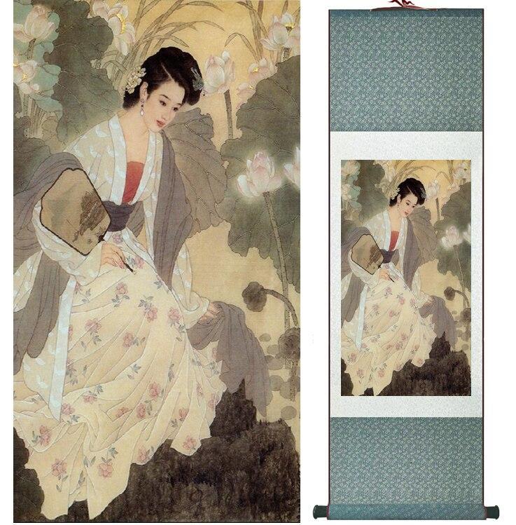 Chinese Art Scroll Painting Pretty Girls Beautiful Women Ancient Silk Picture Wall Ideas 14458-Chinese Style Finds™