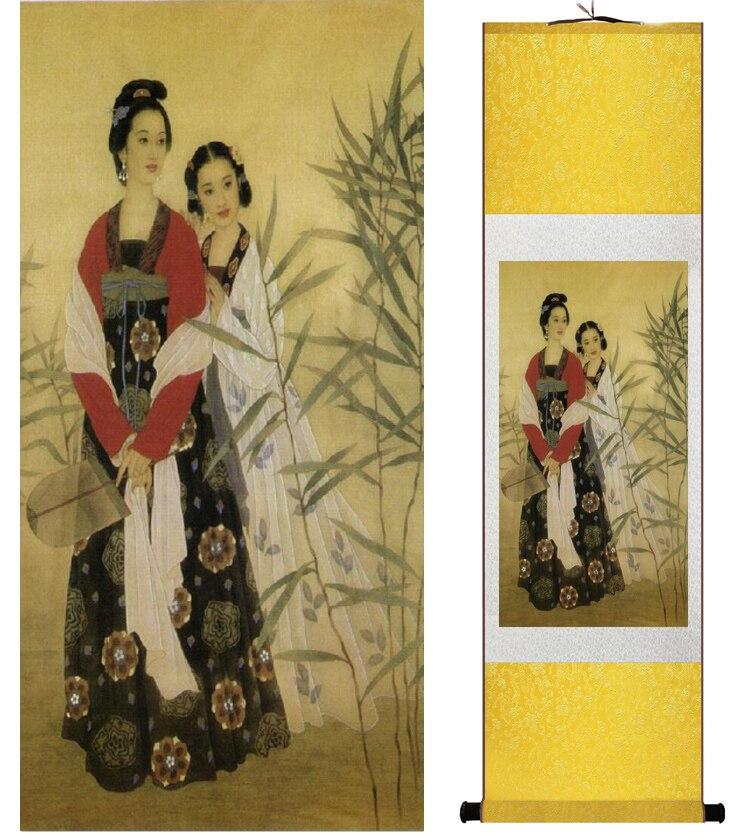 Chinese Art Scroll Painting Pretty Girls Beautiful Women Ancient Silk Picture Wall Ideas 14474-Chinese Style Finds™