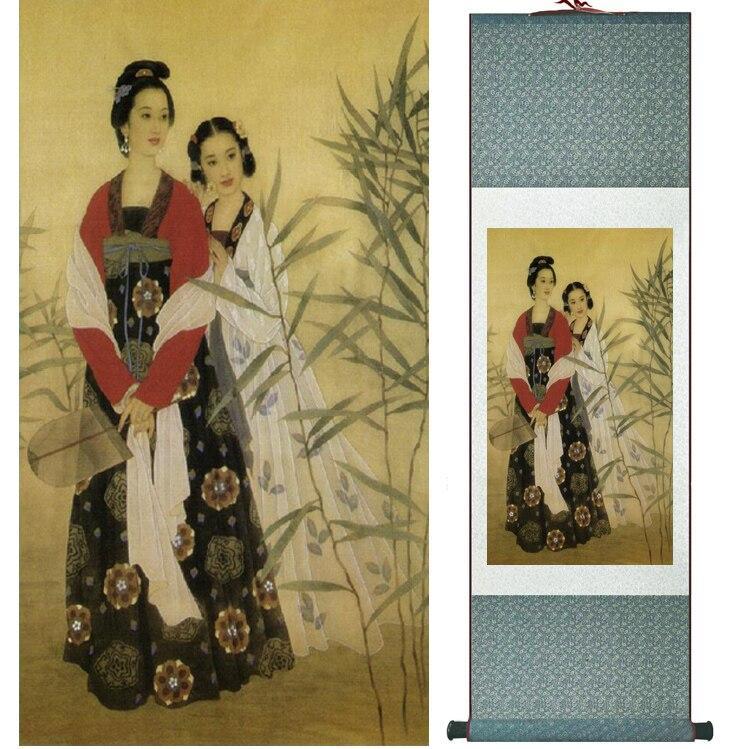 Chinese Art Scroll Painting Pretty Girls Beautiful Women Ancient Silk Picture Wall Ideas 14474-Chinese Style Finds™