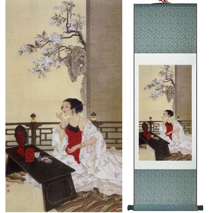 Chinese Art Scroll Painting Pretty Girls Beautiful Women Ancient Silk Picture Wall Ideas 14490-Chinese Style Finds™