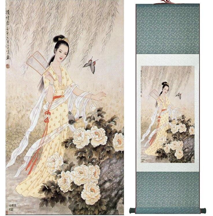 Chinese Art Scroll Painting Pretty Girls Beautiful Women Ancient Silk Picture Wall Ideas 14502-Chinese Style Finds™