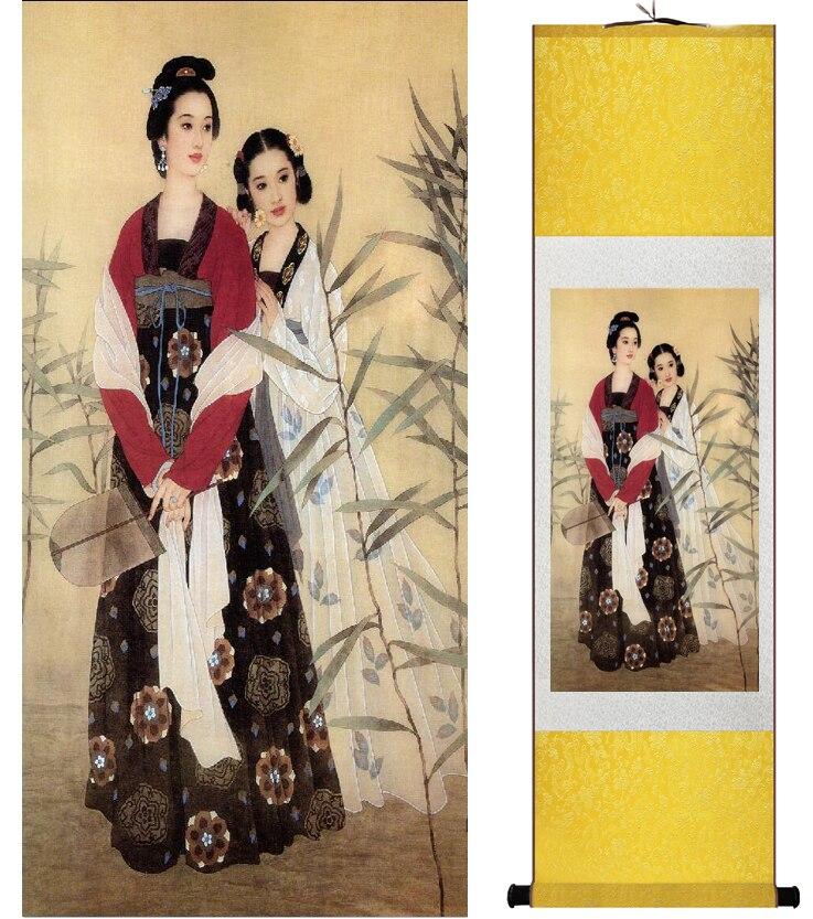 Chinese Art Scroll Painting Pretty Girls Beautiful Women Ancient Silk Picture Wall Ideas 15310-Chinese Style Finds™