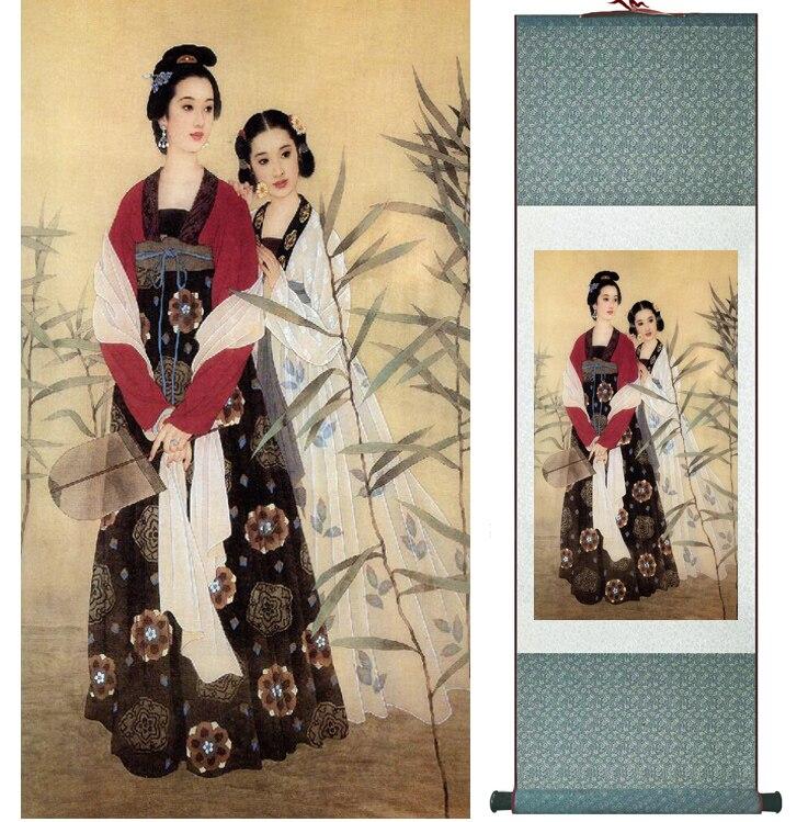 Chinese Art Scroll Painting Pretty Girls Beautiful Women Ancient Silk Picture Wall Ideas 15310-Chinese Style Finds™