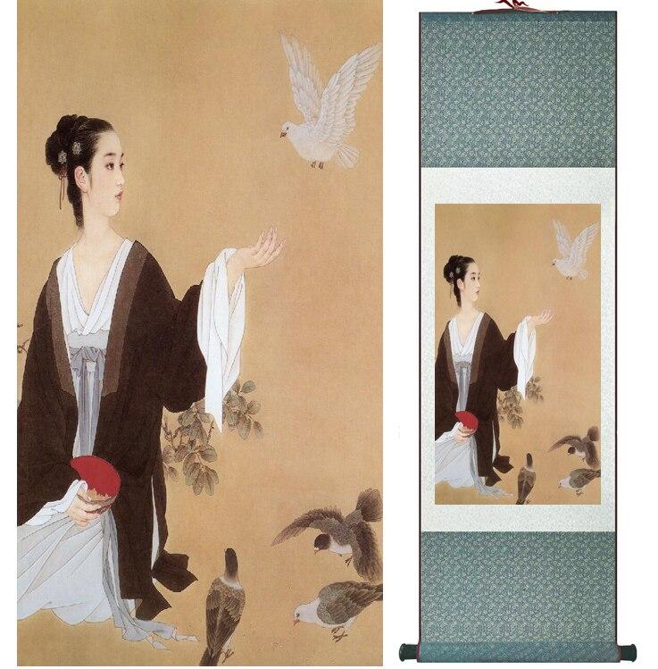 Chinese Art Scroll Painting Pretty Girls Beautiful Women Ancient Silk Picture Wall Ideas 15318-Chinese Style Finds™