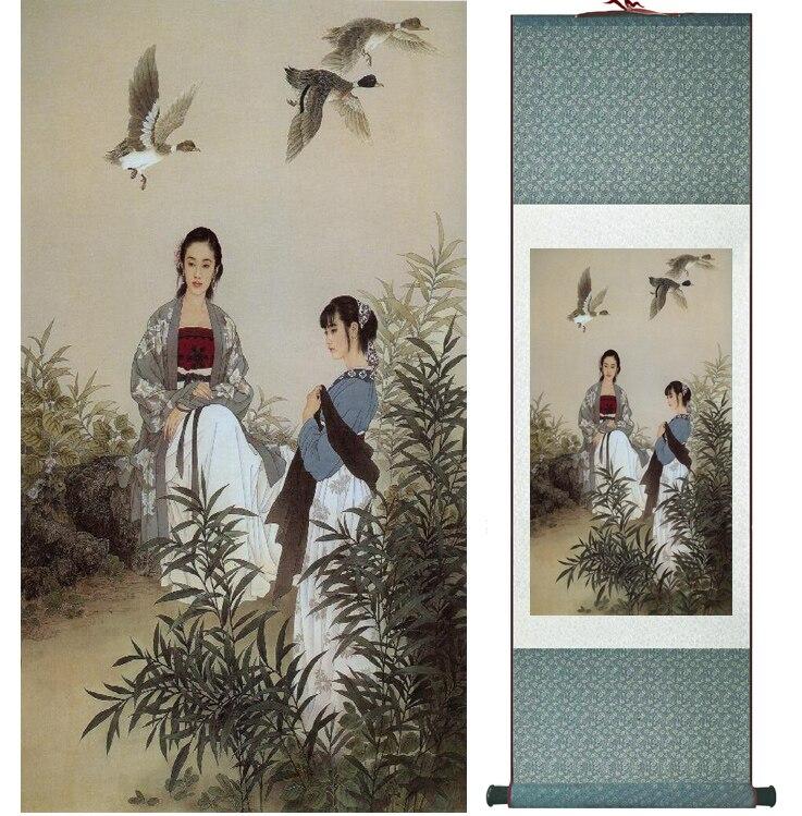 Chinese Art Scroll Painting Pretty Girls Beautiful Women Ancient Silk Picture Wall Ideas 15326-Chinese Style Finds™