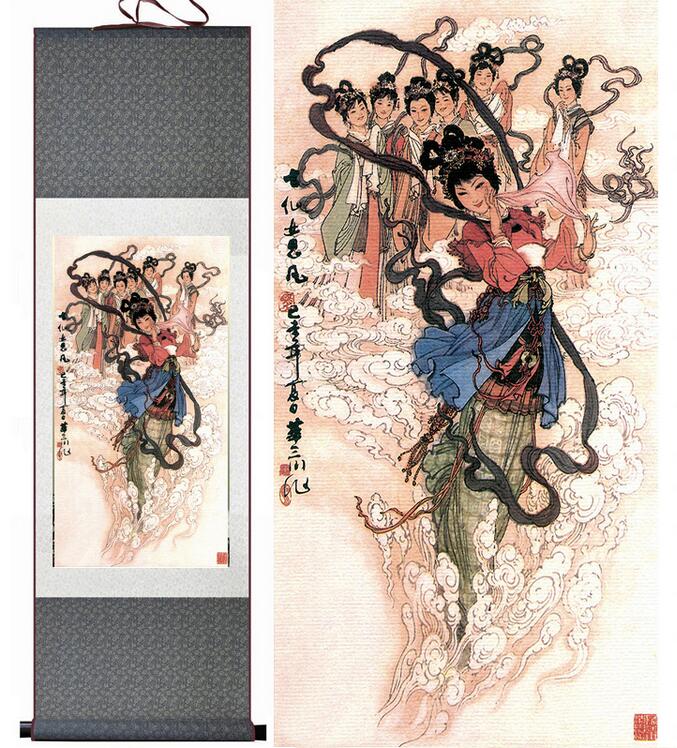 Chinese Art Scroll Painting Pretty Girls Beautiful Women Fairy Ancient Silk Picture Wall Ideas 12550-Chinese Style Finds™