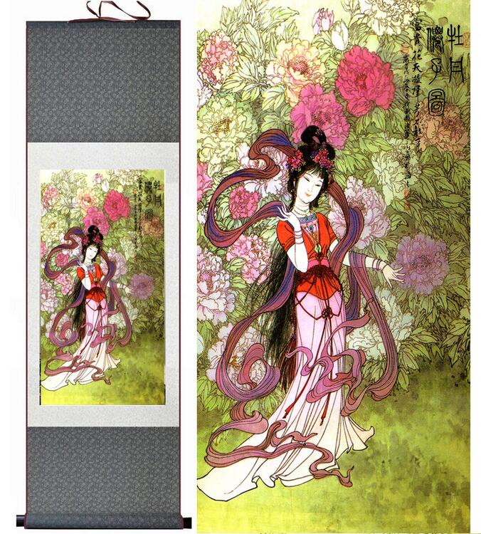 Chinese Art Scroll Painting Pretty Girls Beautiful Women Flower Angel Ancient Silk Picture Wall Ideas 12546-Chinese Style Finds™