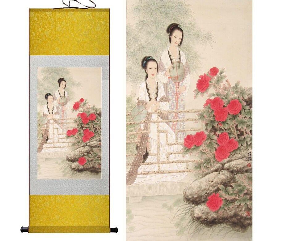 Chinese Art Scroll Painting Pretty Girls Flowers Ancient Silk Picture Wall Ideas 12478-Chinese Style Finds™