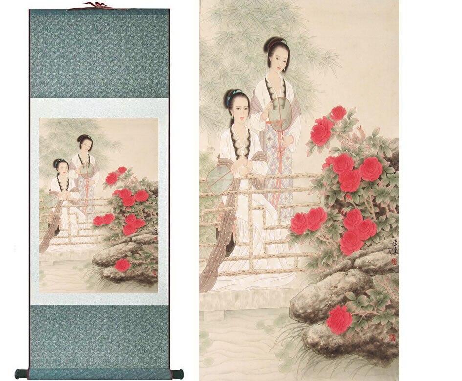 Chinese Art Scroll Painting Pretty Girls Flowers Ancient Silk Picture Wall Ideas 12478-Chinese Style Finds™