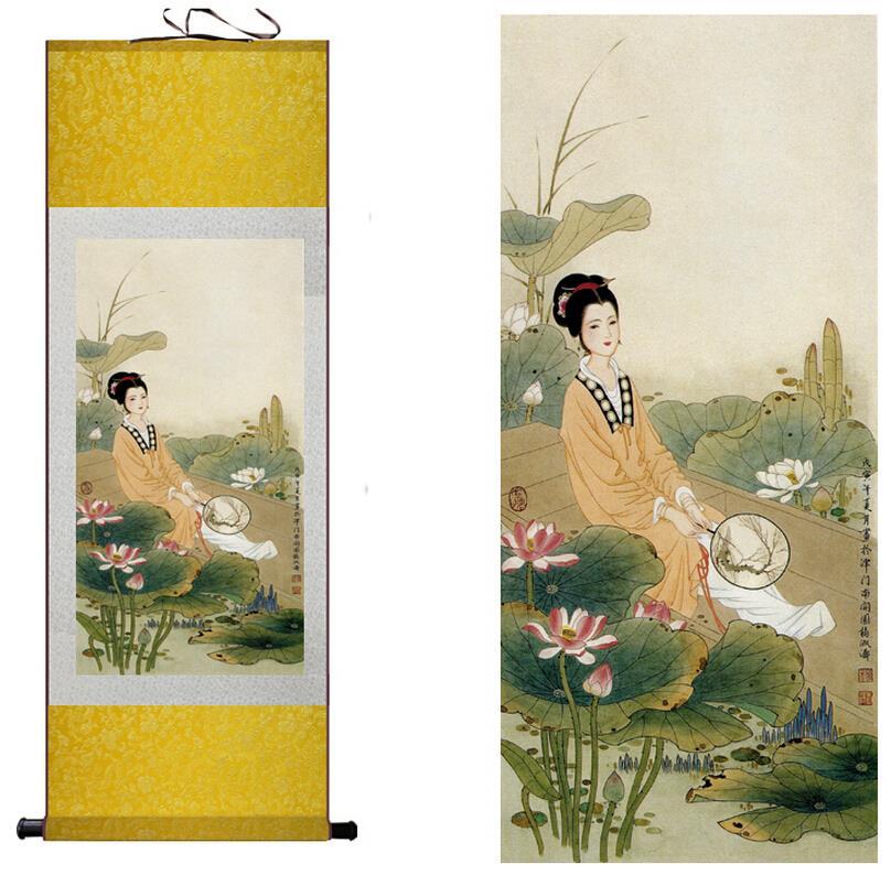 Chinese Art Scroll Painting Pretty Woman Beside Water Lily Ancient Silk Picture Wall Ideas 10320-Chinese Style Finds™
