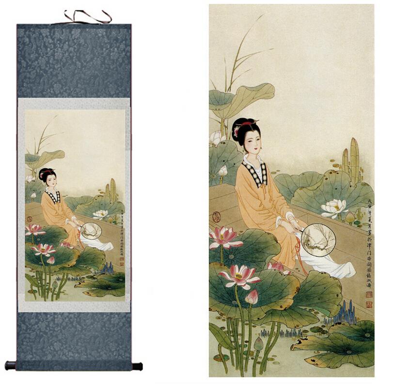 Chinese Art Scroll Painting Pretty Woman Beside Water Lily Ancient Silk Picture Wall Ideas 10320-Chinese Style Finds™