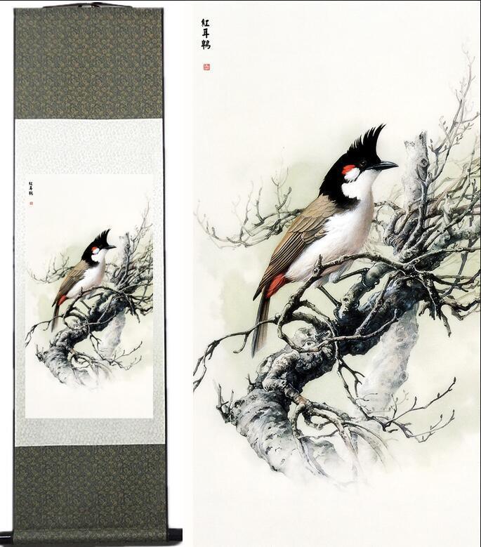 Chinese Art Scroll Painting Pycnonotus Jocosus Ancient Silk Picture Wall Ideas 13574-Chinese Style Finds™