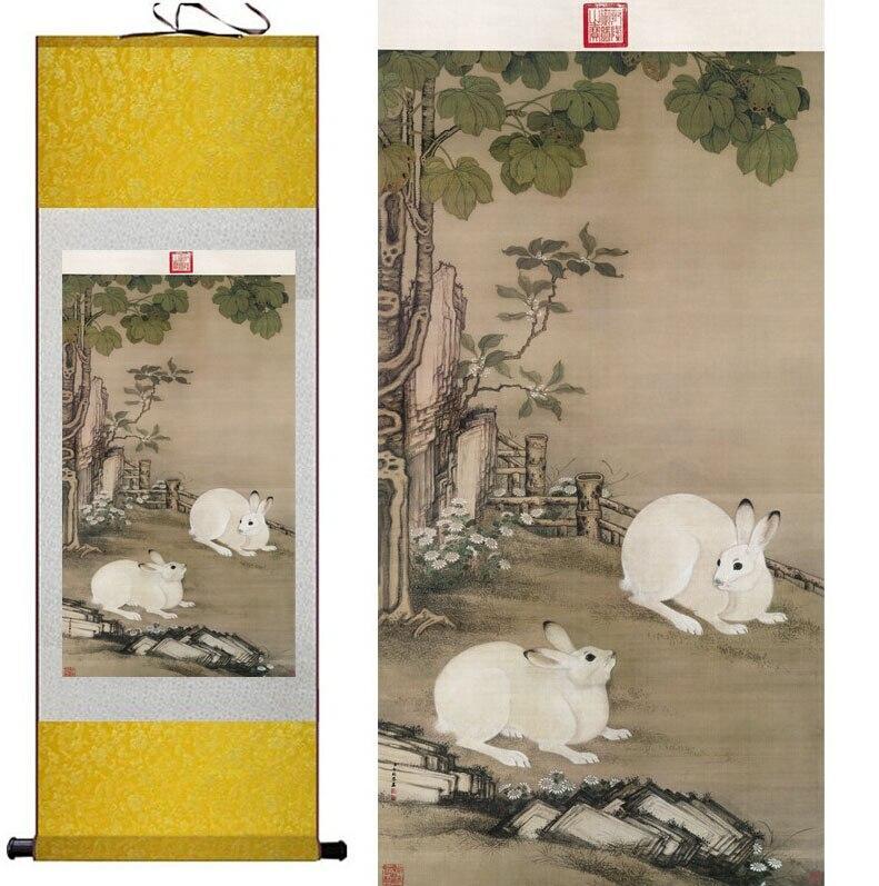 Chinese Art Scroll Painting Rabbit Ancient Silk Picture Wall Ideas 10522-Chinese Style Finds™