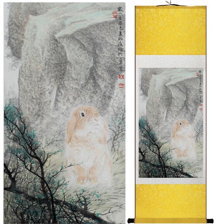 Chinese Art Scroll Painting Rabbit Ancient Silk Picture Wall Ideas 12670-Chinese Style Finds™