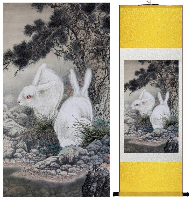 Chinese Art Scroll Painting Rabbit Ancient Silk Picture Wall Ideas 12994-Chinese Style Finds™