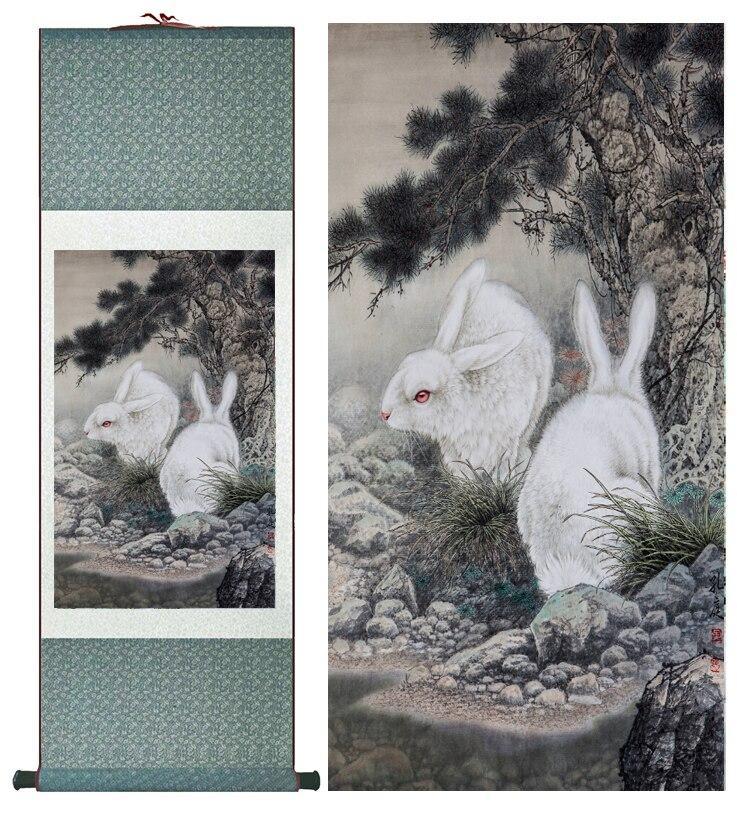 Chinese Art Scroll Painting Rabbit Ancient Silk Picture Wall Ideas 12994-Chinese Style Finds™