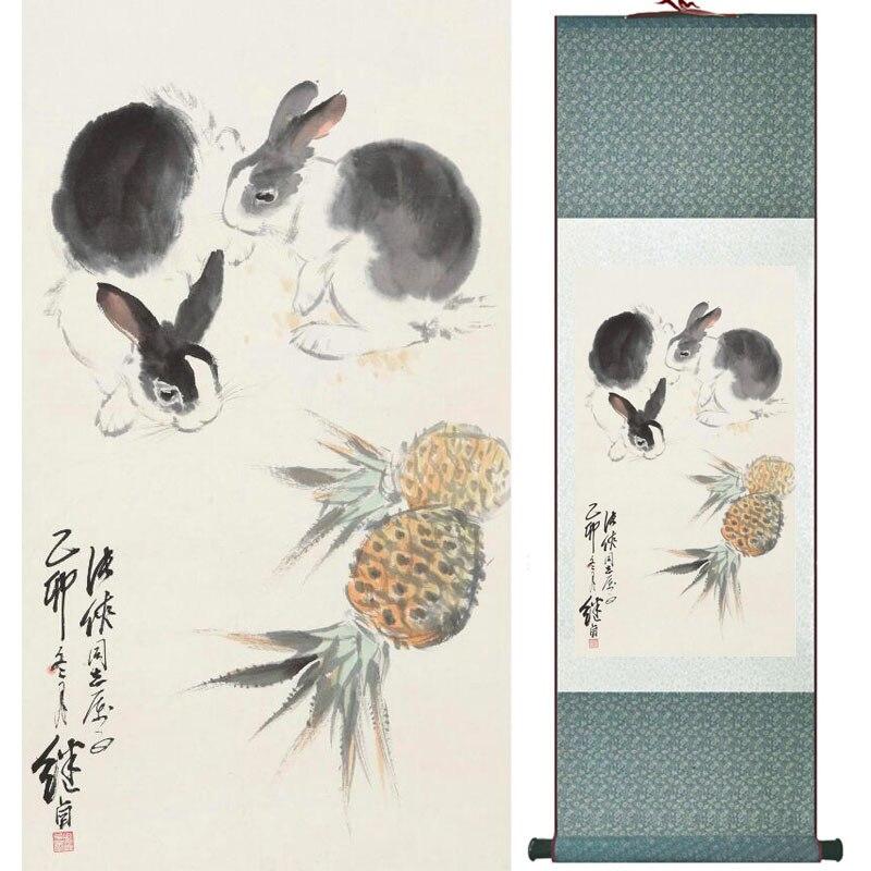 Chinese Art Scroll Painting Rabbit Hare Ancient Silk Picture Wall Ideas 18354-Chinese Style Finds™