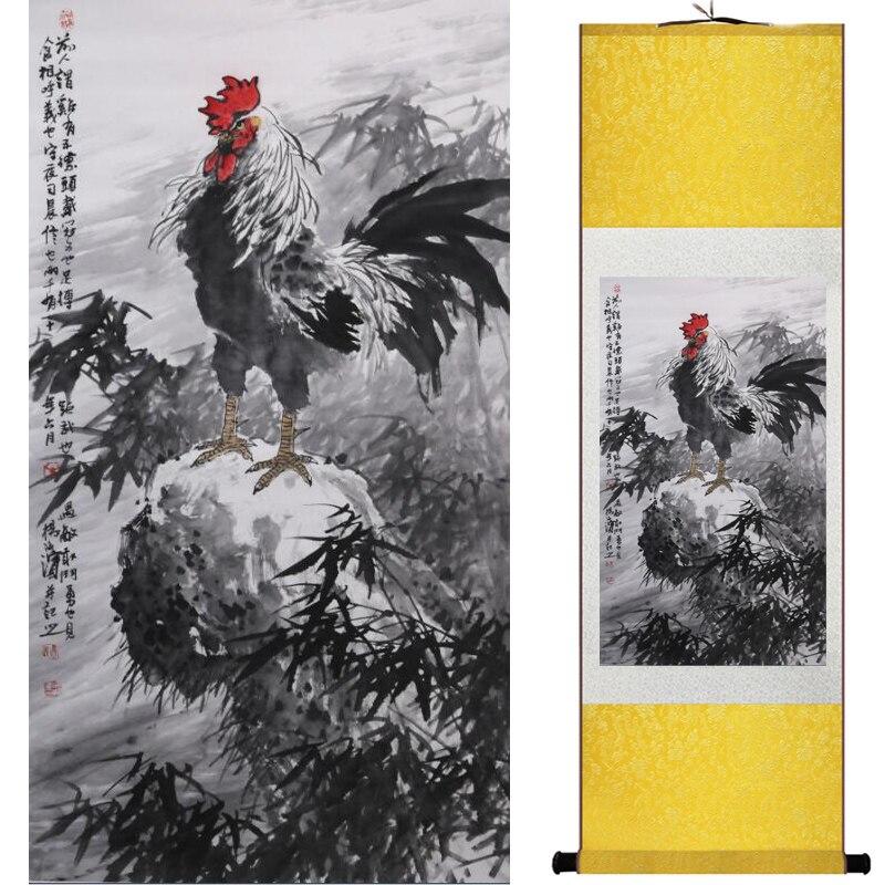 Chinese Art Scroll Painting Rooster Ancient Silk Picture Wall Ideas 16460-Chinese Style Finds™