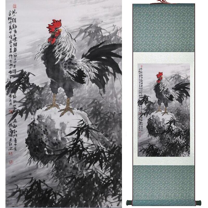 Chinese Art Scroll Painting Rooster Ancient Silk Picture Wall Ideas 16460-Chinese Style Finds™