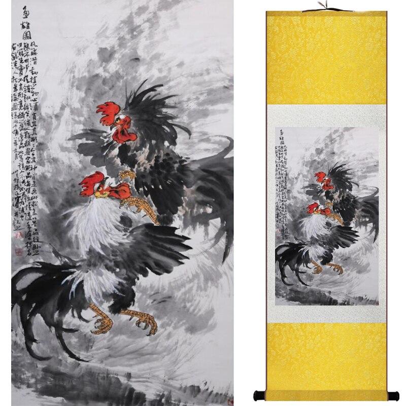 Chinese Art Scroll Painting Rooster Ancient Silk Picture Wall Ideas 16464-Chinese Style Finds™