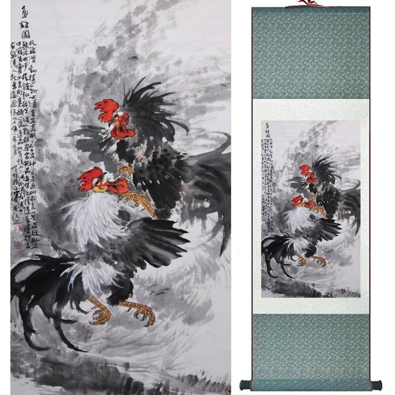 Chinese Art Scroll Painting Rooster Ancient Silk Picture Wall Ideas 16464-Chinese Style Finds™