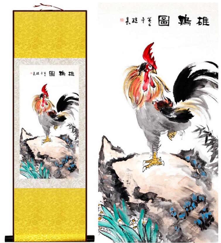 Chinese Art Scroll Painting Rooster Cock Ancient Silk Picture Wall Ideas 12822-Chinese Style Finds™