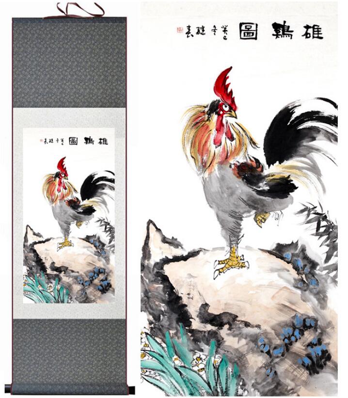 Chinese Art Scroll Painting Rooster Cock Ancient Silk Picture Wall Ideas 12822-Chinese Style Finds™