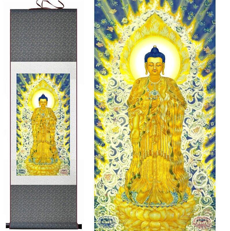 Chinese Art Scroll Painting Sakyamuni Ancient Silk Picture Wall Ideas 11518-Chinese Style Finds™