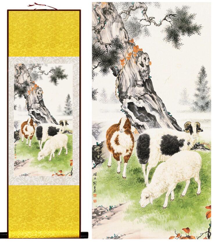 Chinese Art Scroll Painting Sheep Ancient Silk Picture Wall Ideas 12818-Chinese Style Finds™